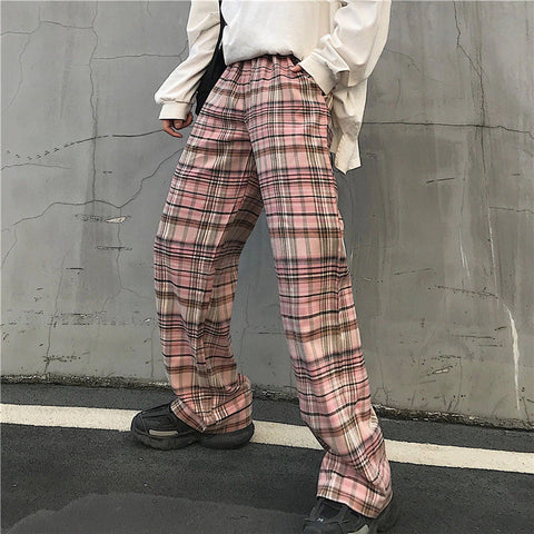 Pink Retro Plaid Hip Hop Loose Pants
