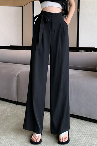 High Waist Loose Side Rope Tie Office Long Pants