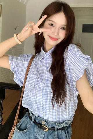 Short Sleeve Plaid Pattern Ruffled Blouse Shirt