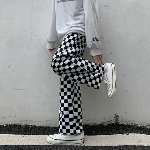 High Waist Loose Plaid Checkerboard Pants