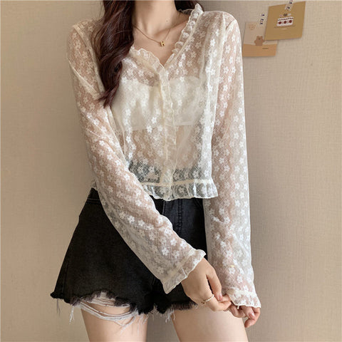 Long Sleeve Lace Transparent Blouse Shirt