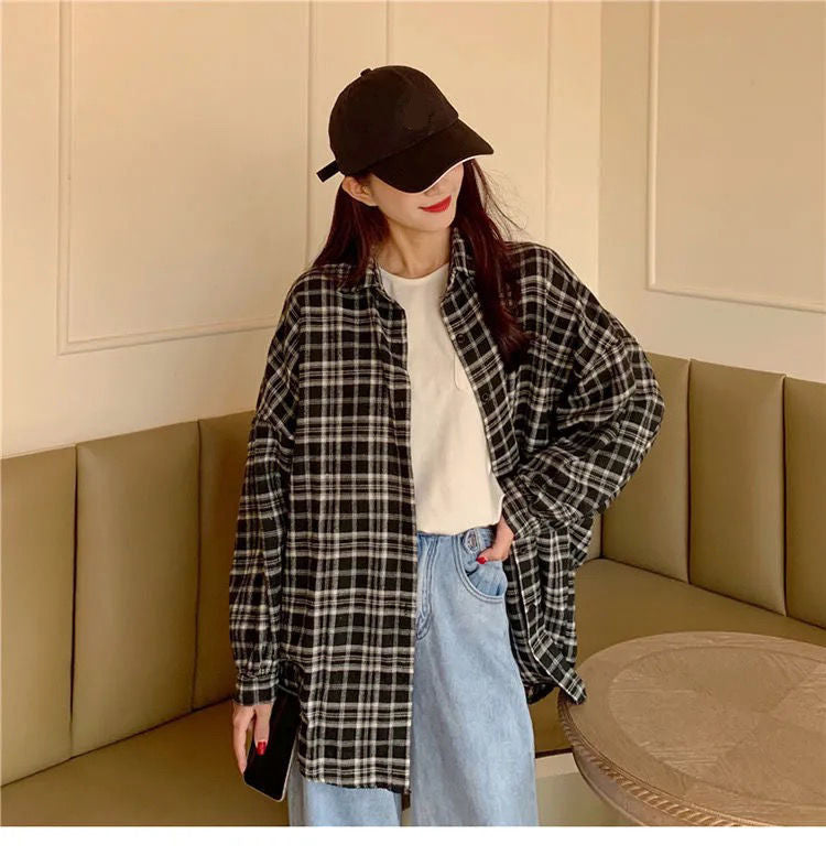 Long Sleeve Cute Plaid Loose Shirt