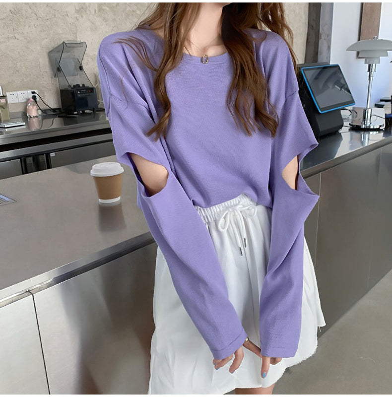 Long Hole Sleeve O-Neck Cropped Shirt