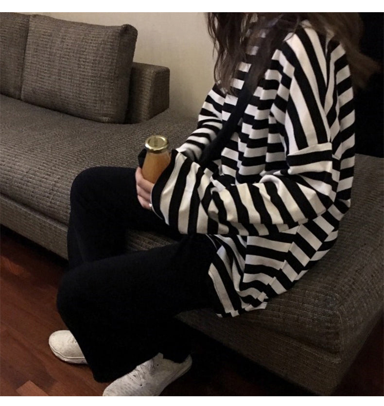 Casual Black and White Striped Loose Shirt