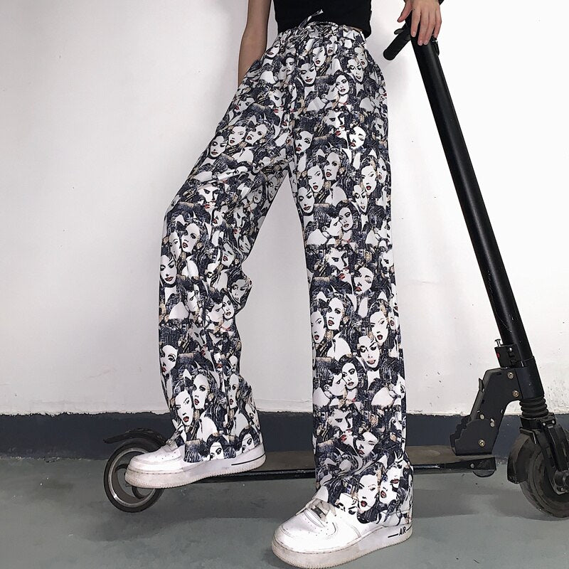 Pantalones largos con estampado completo de caras vintage