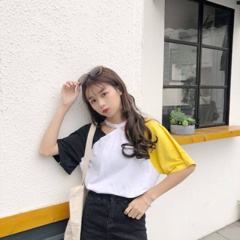 Hanging Neck Patchwork Colors Loose Shirt