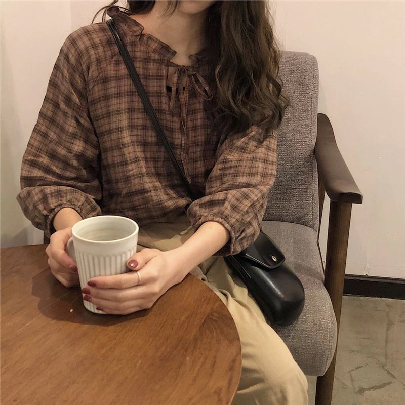 Plaid Belted Neck Loose Shirt