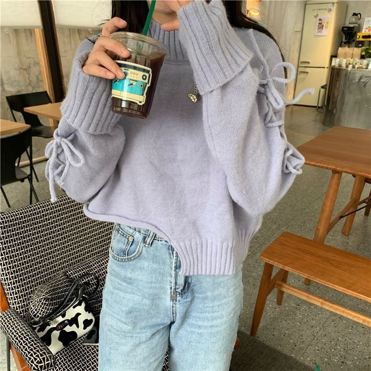 Cropped Lace Tie Irregular Sweater