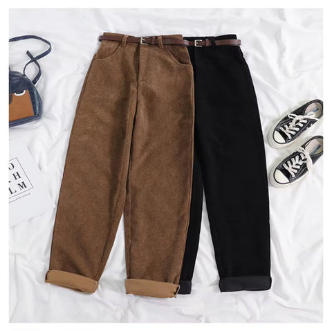 High Waist Long Corduroy Pants With Belt