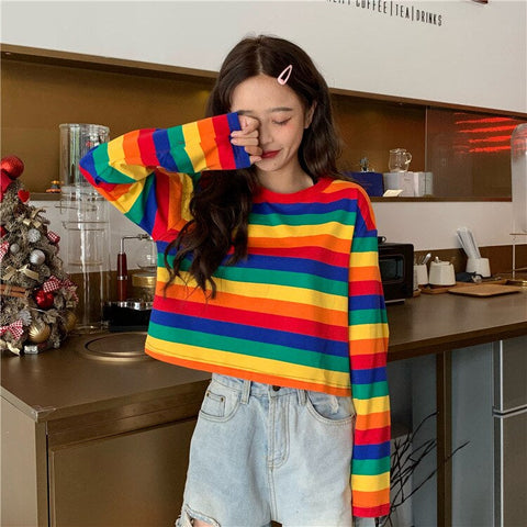 Long Sleeve Rainbow Striped Cropped Shirt