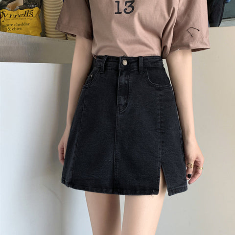 High Waist A-Line Black Jeans Split Skirt