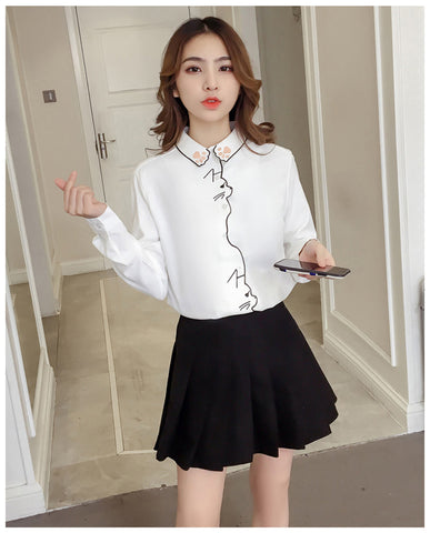 Cat Pattern Embroidered Long Sleeve Shirt