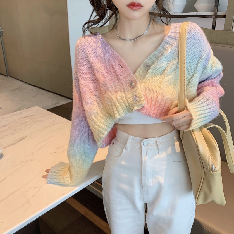 Cropped Rainbow Knitted Cardigan Sweater