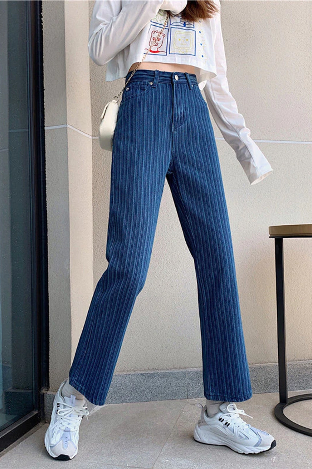 Loose Striped Style Wide Leg Jeans Pants