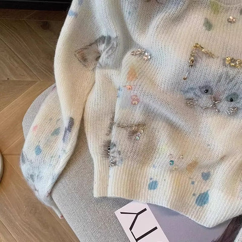 Long Sleeve Cat Pattern With Beading O-Neck Sweater