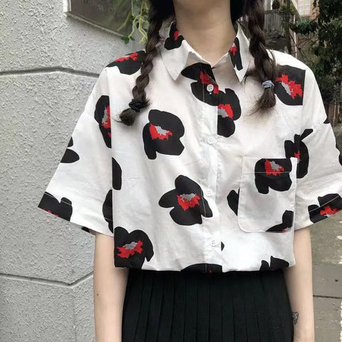 Short Sleeve Cartoon Floral Printed Retro Blouse Shirt