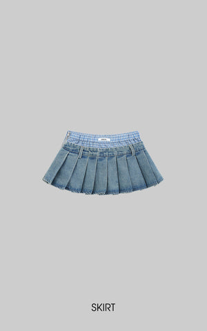 Pleated Denim Micro Skirt with Contrast Waistband