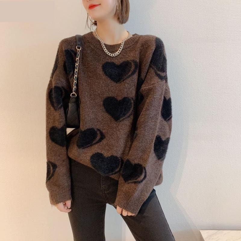 Heart Pattern Knitted O-Neck Sweater