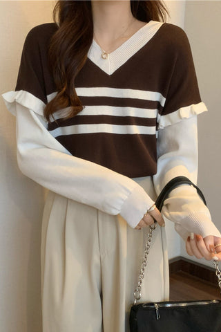 Long Sleeve V-Neck Striped Ruffle Sweater