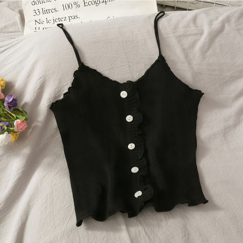 Sexy Solid Ruffle Knitted Slim Tank Top