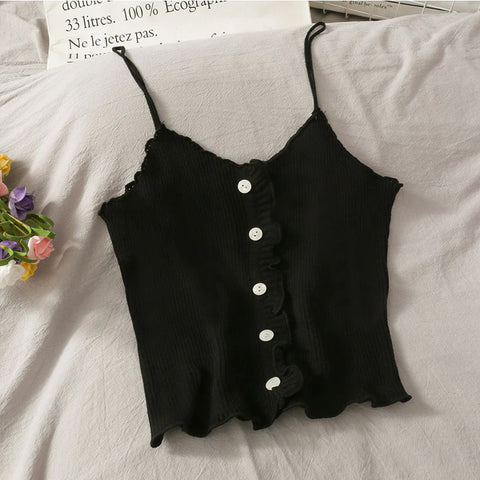 Sexy Solid Ruffle Knitted Slim Tank Top