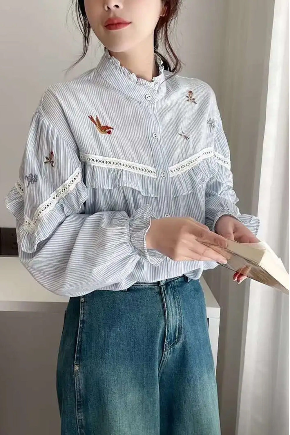 Long Sleeve High Neck Striped Blouse Shirt
