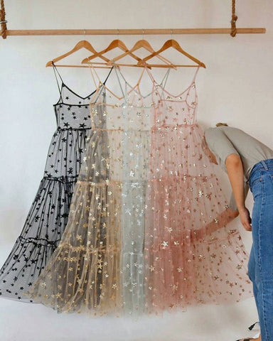 Sexy Spaghetti Straps Bling Stars Transparent Pleated Dress