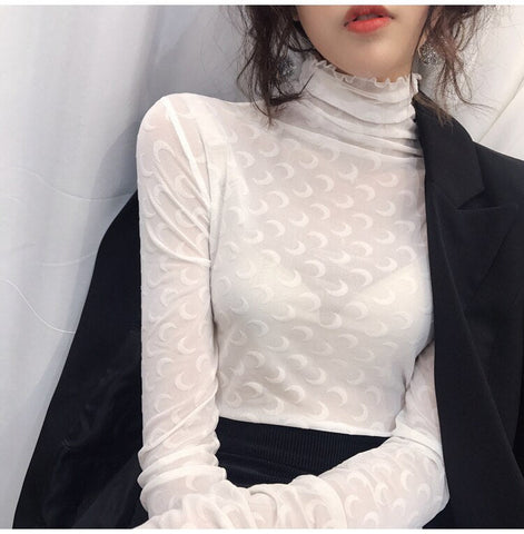 Long Sleeve Moon Pattern Turtleneck Slim Cropped Shirt