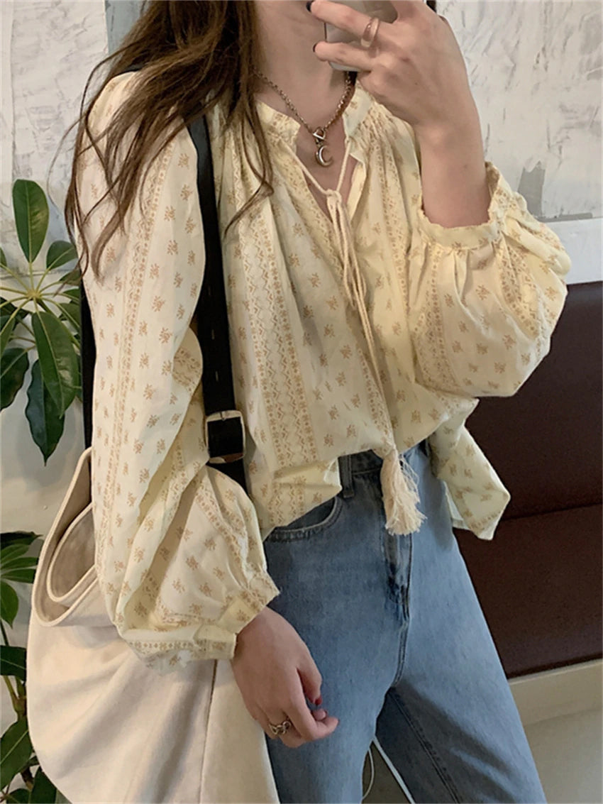 Vintage Printed Lace Up Loose Blouse Shirt