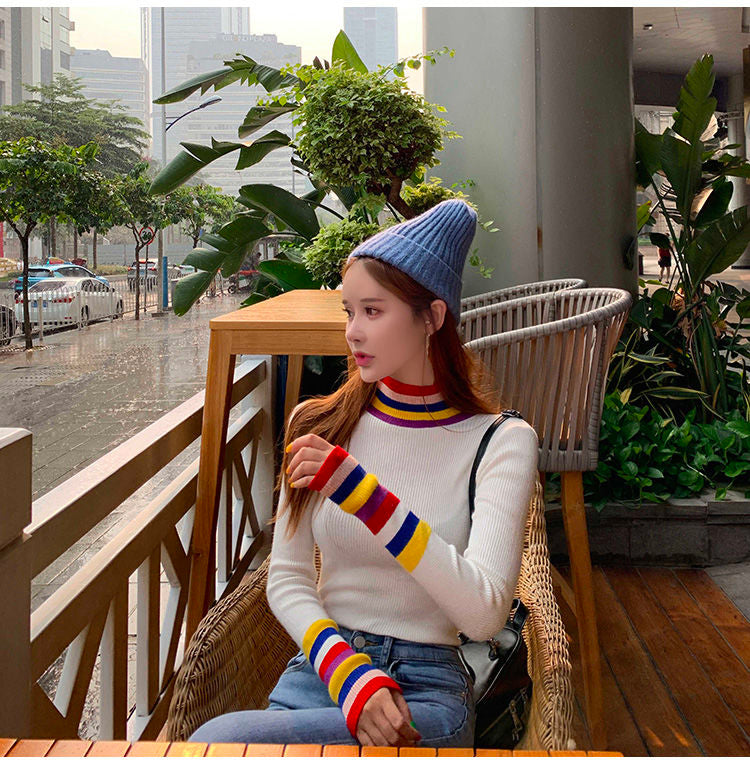 Rainbow Patchwork Turtleneck Knitted Slim Sweater