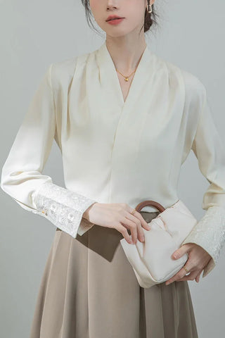 Long Sleeve Cross Neck Elegant Office Blouse Shirt