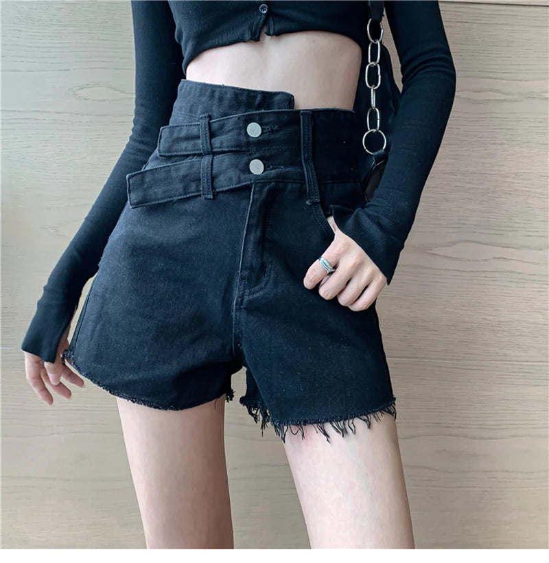 Double Belted Sexy Irregular Denim Shorts Jeans