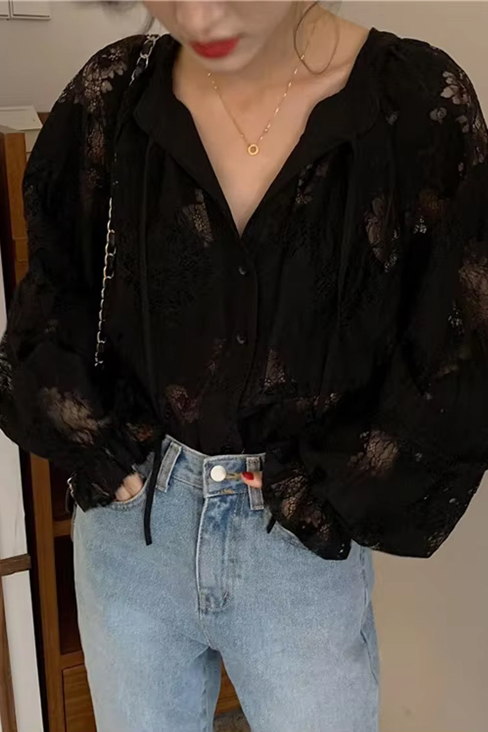 Long Sleeve Loose V-Neck Lace Blouse Shirt
