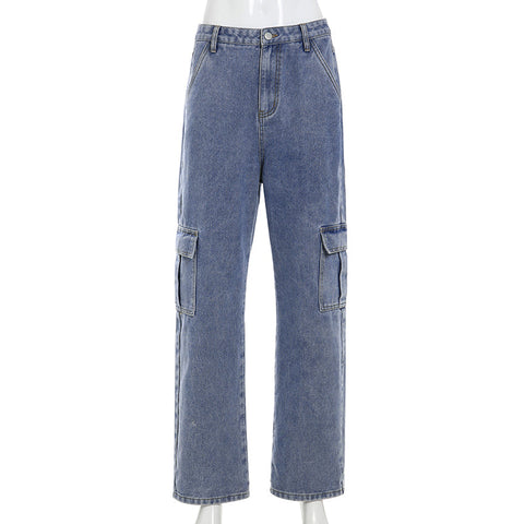 Side Cargo Pocket Loose Straight Denim Pants