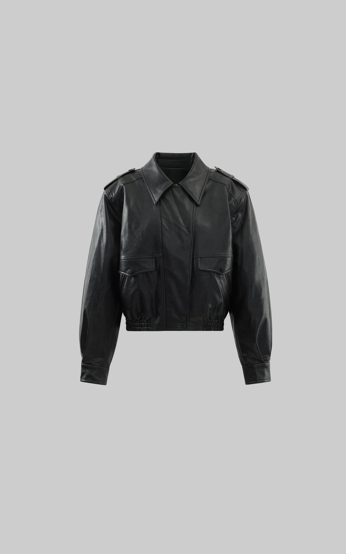 Cropped Leather Jacket with Epaulettes and Utility Pockets