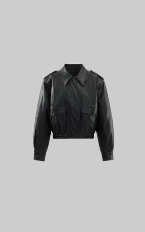 Cropped Leather Jacket with Epaulettes and Utility Pockets