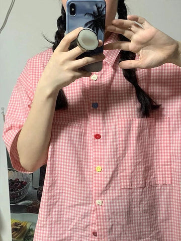 Pink Plaid Cute Button Colors Blouse Shirt