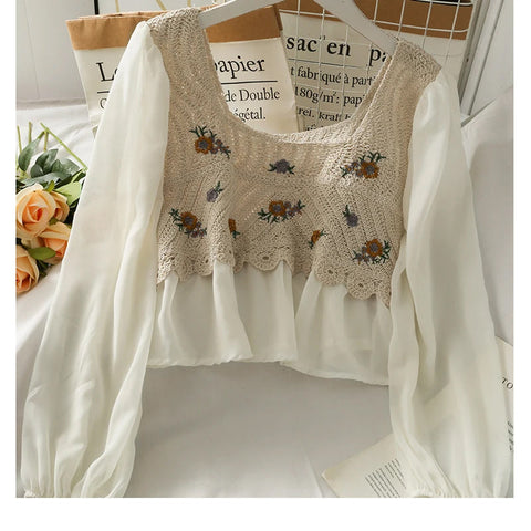 Long Sleeve Flower Embroidered Crochet Blouse Shirts
