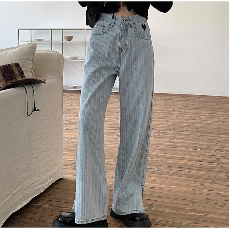 High Waist Striped with Little Split Leg Flare Jeans