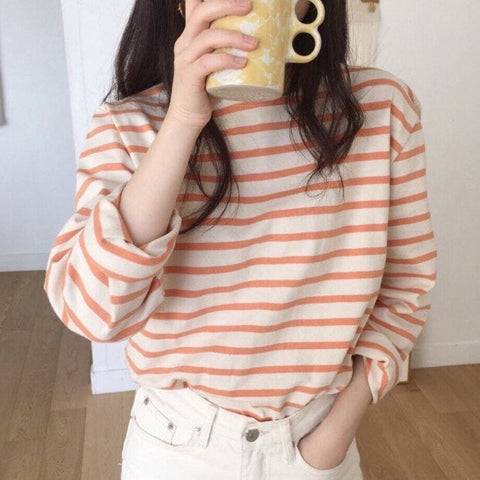 O-Neck Long Sleeve Basic Striped Shirt