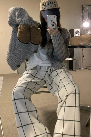 Loose White Plaid Long Homewear Pants