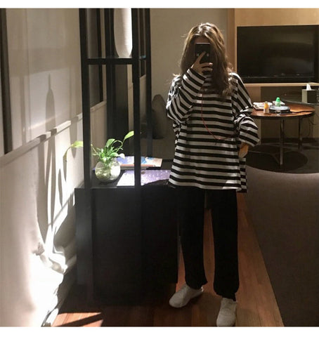 Black and White Striped Oversize Long Sleeve Shirt