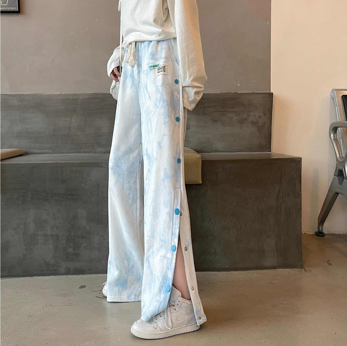 High Waist Loose Side Button Tie Dye Long Pants