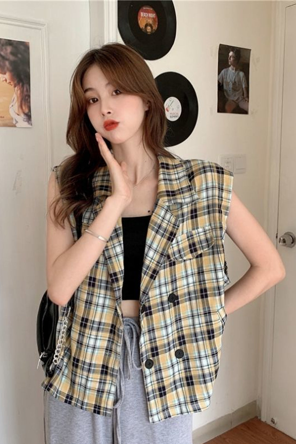 Sleeveless Plaid Style Vest Tops