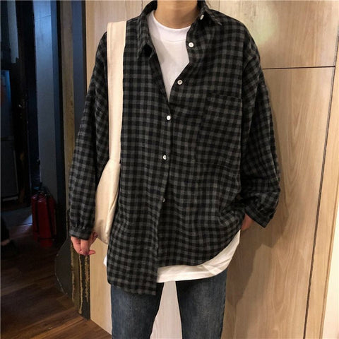 Retro Plaid Long Sleeve Loose Shirt