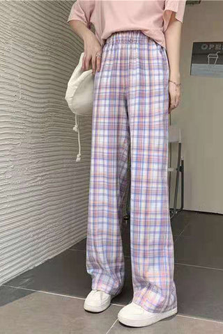High Waist Cute Purple Plaid Long Pants