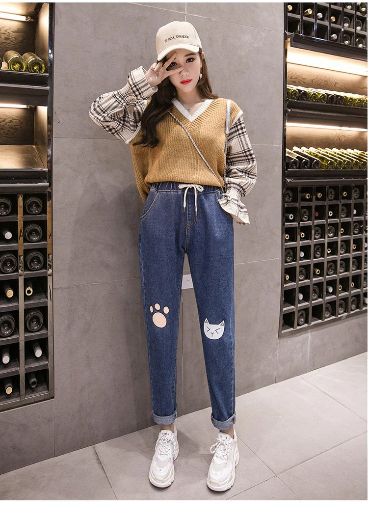 High Waist Kawaii Cat Foot Printed Jeans