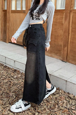 High Waist Washed Black Denim Long Skirts