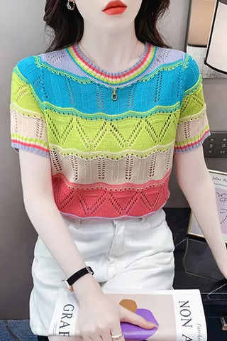 Short Sleeve Colorful Striped Knitted Slim Shirt