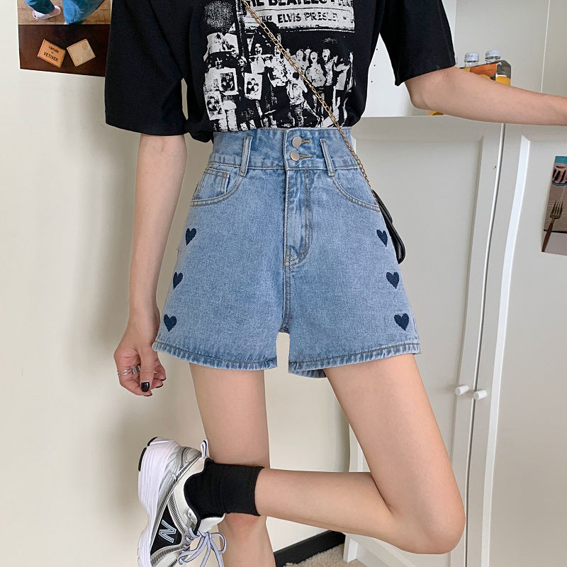 Heart Love Printed Jeans Shorts Pants